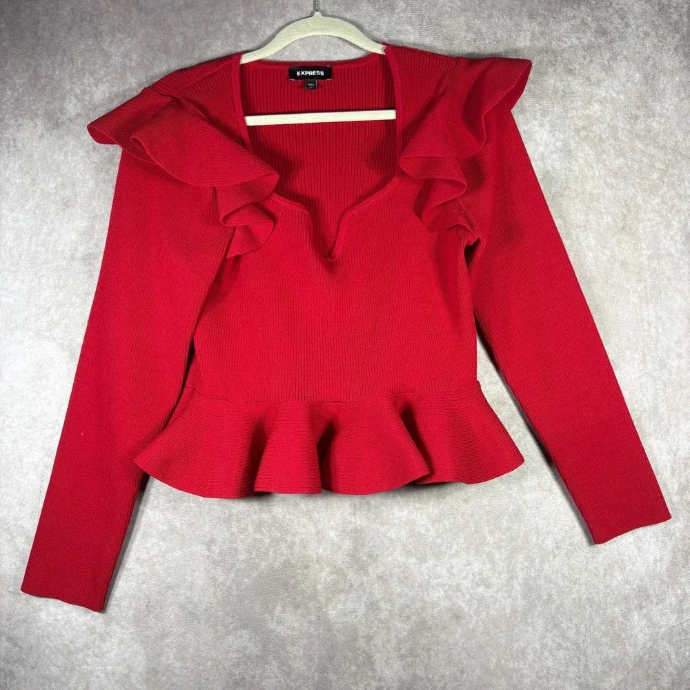 Express Ribbed Sweetheart Neckline Ruffle Peplum Sweater Womens XL Red Ruffle